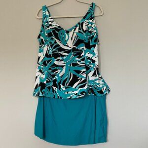 2 Piece Tankini Swimsuit Skirt Adjustable Straps Teal Black Size 18